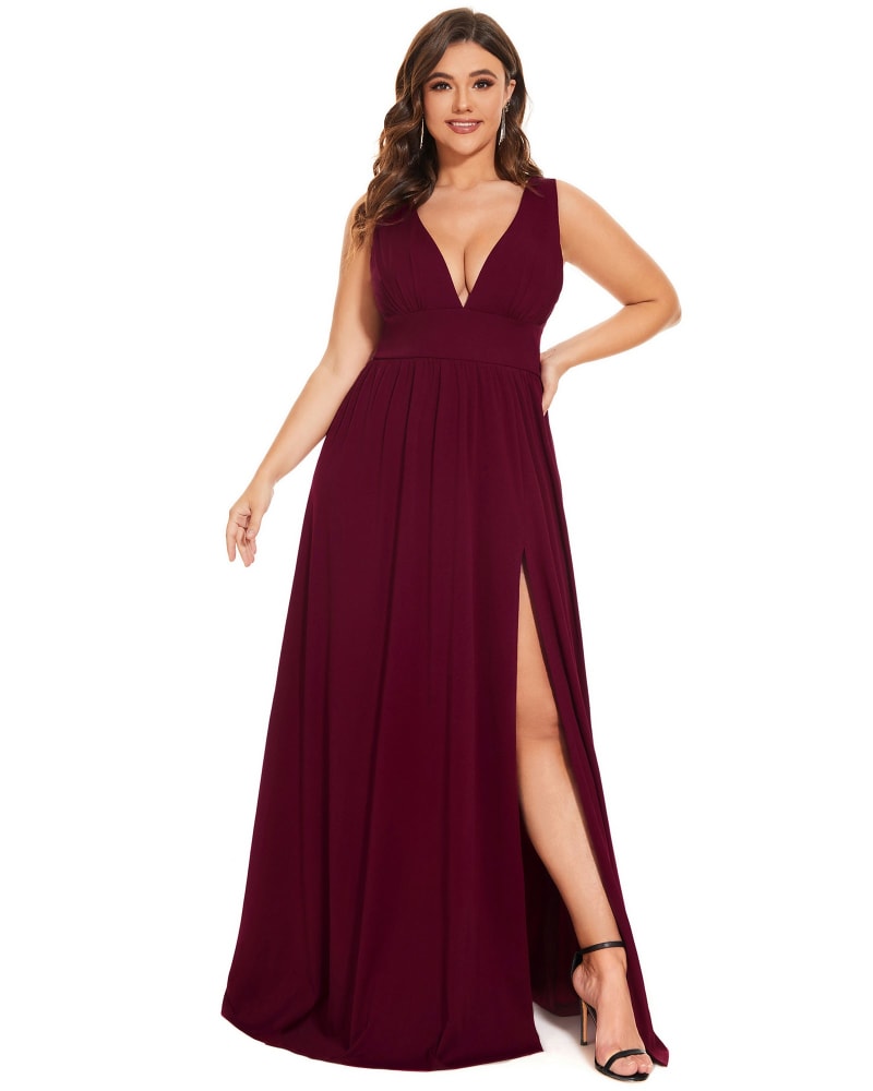 Front of a model wearing a size 14 Sleeveless V-Neck Empire Waist High Slit Floor-Length Evening Dress in Burgundy by Ever-Pretty. | dia_product_style_image_id:295577